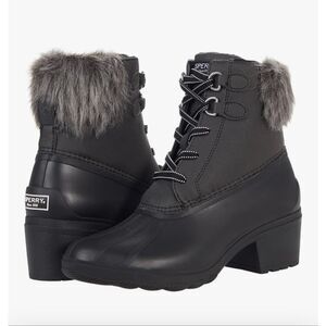 Sperry Black Faux Fur Lace-Up Syren Heel Boots Lug Sole Winter Women’s 9